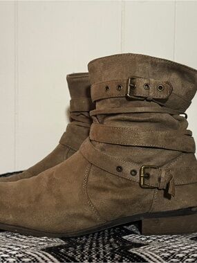 JustFab Taupe Suede Wrap Buckle Ankle Boots